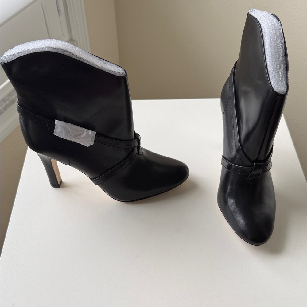 Black Leather High Heel Ankle Boots - Women